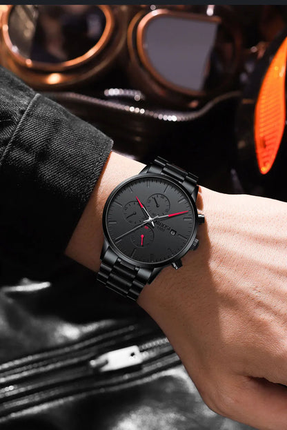 NIBOSI Men's Watches Analog Minimalist Black Dial Watches for Men Business Chronograph Military Stainless Steel Wrist Watches