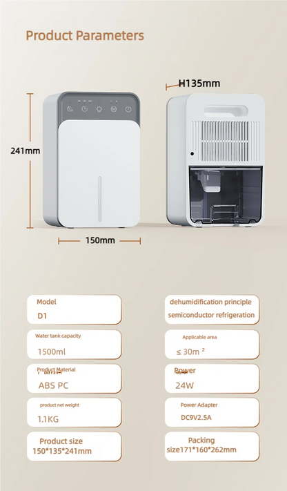 Portable Air Purifier with Intelligent Timing 1.5L Home Bedroom Office Kitchen Air Dehumidifier Dryer with EU/US Plug