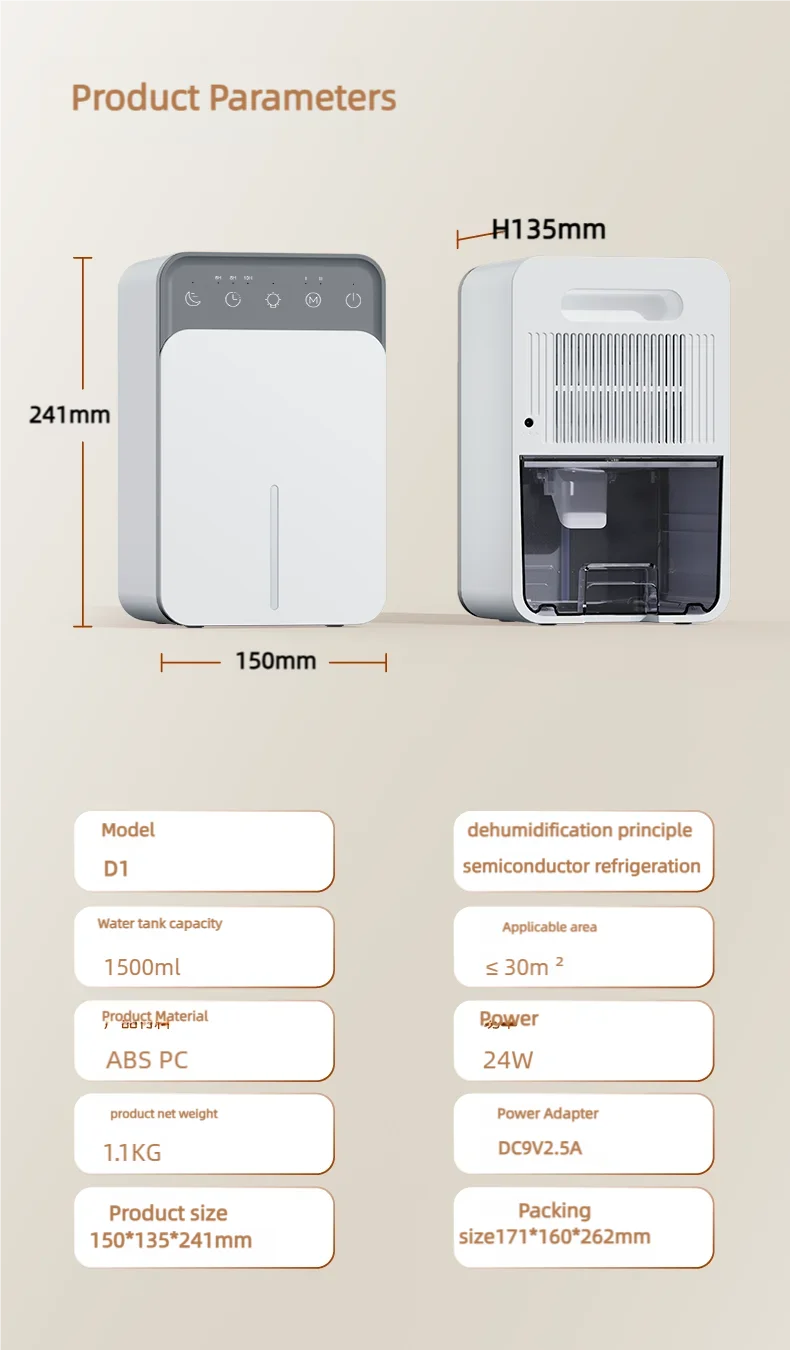 Portable Air Purifier with Intelligent Timing 1.5L Home Bedroom Office Kitchen Air Dehumidifier Dryer with EU/US Plug