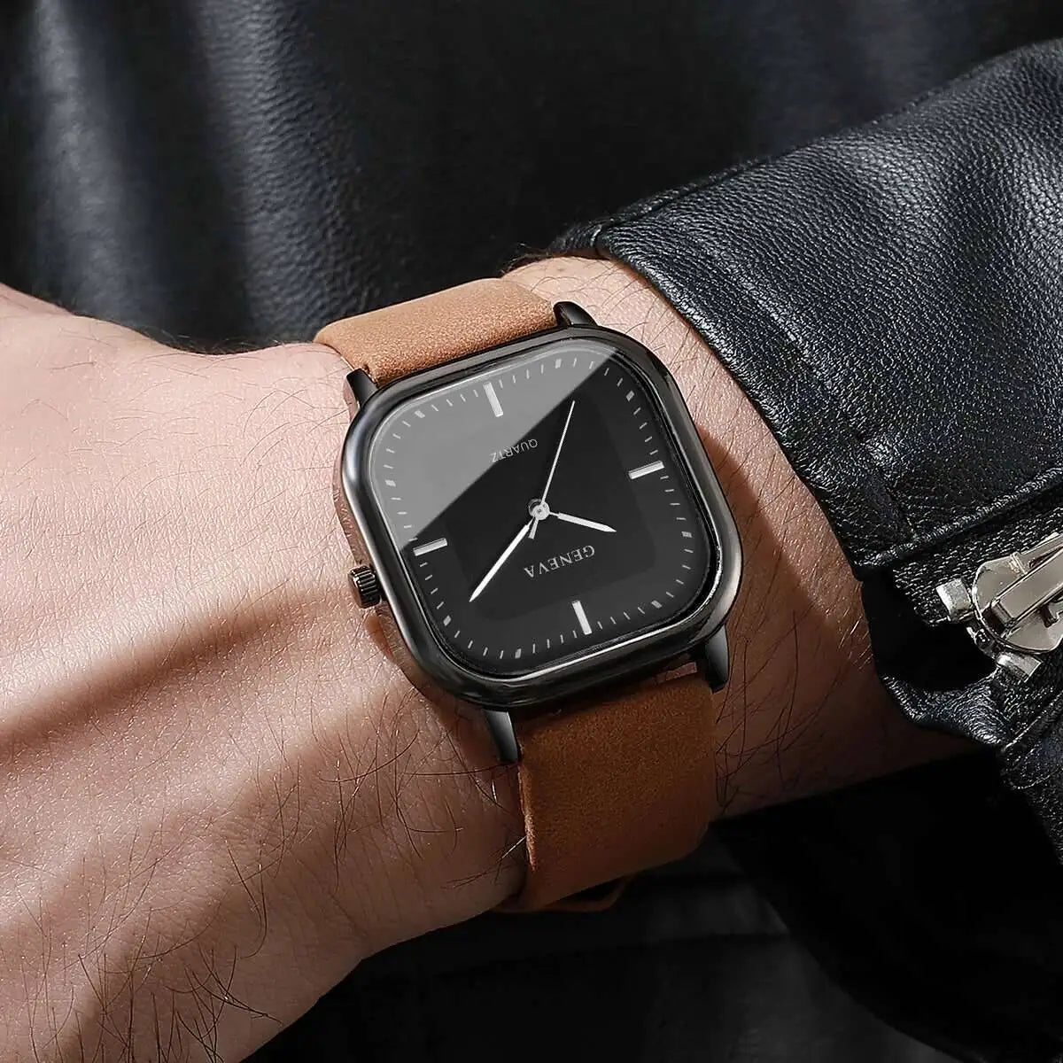 Minimalist Men's Watches Fashion Square Quartz Watch Casual Leather Strap Wristwatch Reloj Hombre（Without Box）