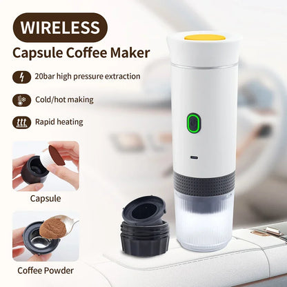 3 in 1 Portable Cordless Espresso Machine Travel, Car and Home Camping Coffee Maker Capsule Powder Coffee Maker Smart Heating