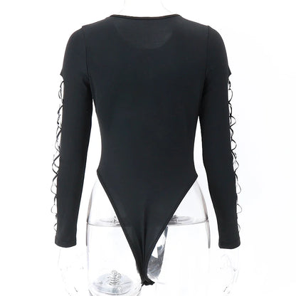 Xeemilo Sexy Dot Hollow Out Bodysuit Y2K Gothic Punk Long Sleeves Bodycon T-shirt Women Autumn Streetwear Slim Bodice Bodysuits
