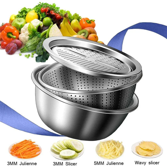 3 in 1 Vegetable Slicer Cutter Graters Drain Basket Stainless Steel Vegetable Salad Maker Bowl Kitchen Accessories Gadget