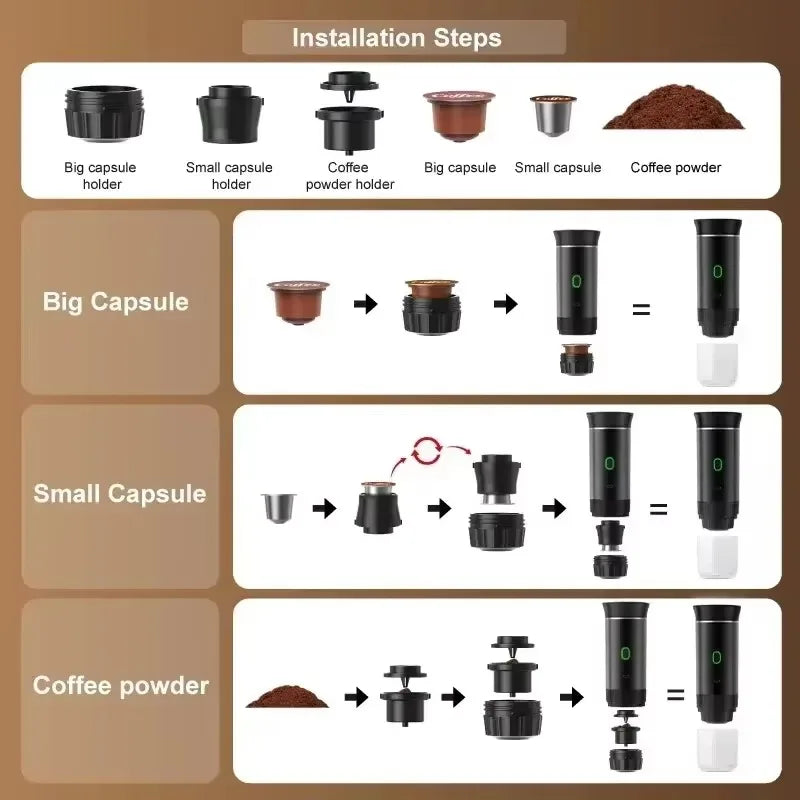 NEW Portable Coffee Machine 3-in-1 Wireless Electric Espresso Coffee Maker for Capsule Coffee Powder Travel Camping Coffee Maker