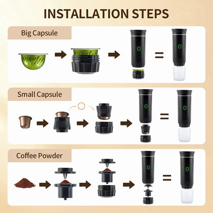 3 in 1 Portable Cordless Espresso Machine Travel, Car and Home Camping Coffee Maker Capsule Powder Coffee Maker Smart Heating