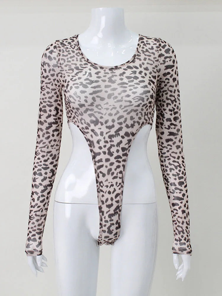 Leopard Sexy High Waist Women Bodysuit Mesh Transparent Wild Stretchy Thong Body T-Shirt Street Evening Clothing Hot