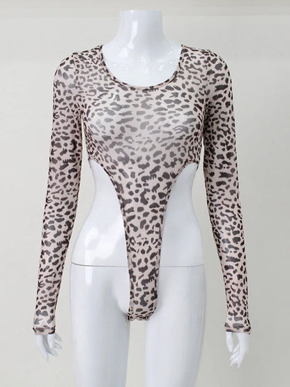 Leopard Sexy High Waist Women Bodysuit Mesh Transparent Wild Stretchy Thong Body T-Shirt Street Evening Clothing Hot