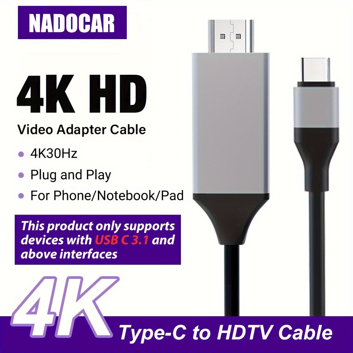 4K30Hz USB C To HDTV Cable, 2M/78.74In/6.56Ft Black Red Plug & Play High-Resolution Type-C To HDTV Adapter For MacBook, IPad, IMac,IPhone,Mobile Phone,Tablet,Laptop