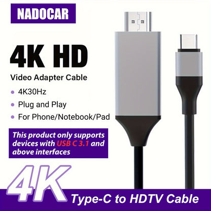 4K30Hz USB C To HDTV Cable, 2M/78.74In/6.56Ft Black Red Plug & Play High-Resolution Type-C To HDTV Adapter For MacBook, IPad, IMac,IPhone,Mobile Phone,Tablet,Laptop