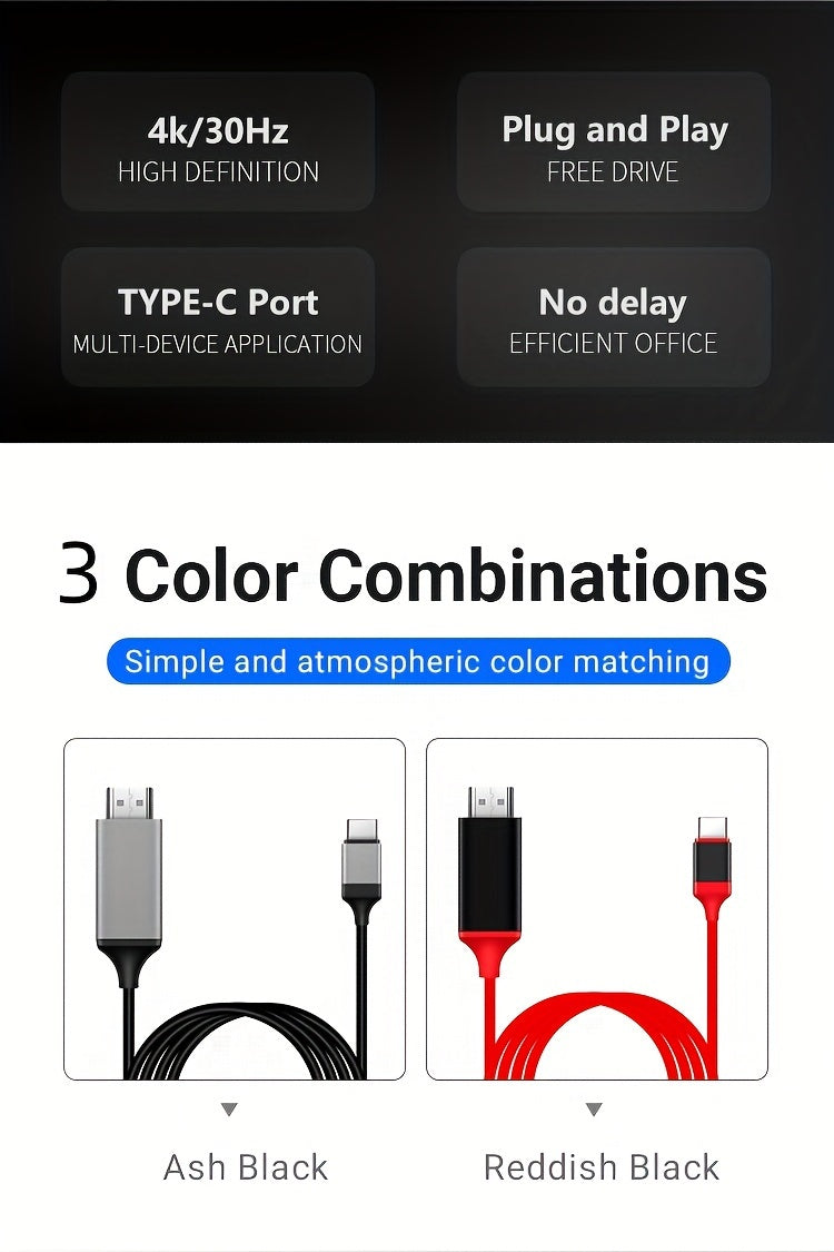 4K30Hz USB C To HDTV Cable, 2M/78.74In/6.56Ft Black Red Plug & Play High-Resolution Type-C To HDTV Adapter For MacBook, IPad, IMac,IPhone,Mobile Phone,Tablet,Laptop