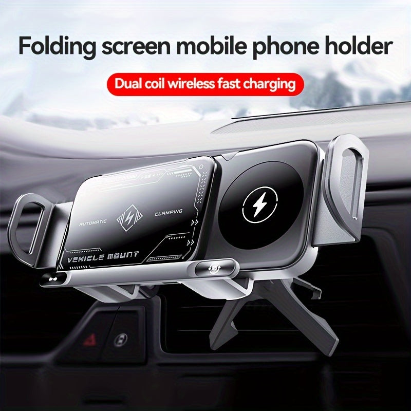 2025 New Car Holder Folding Screen Mobile Phone/tablet Holder 15W Wireless Fast Charging Two-in-one Automatic Rotating Magnetic Mobile Phone Holder Car Air Outlet Holder Suitable for Folding Screen Hands Samsung Galaxy ZFold6