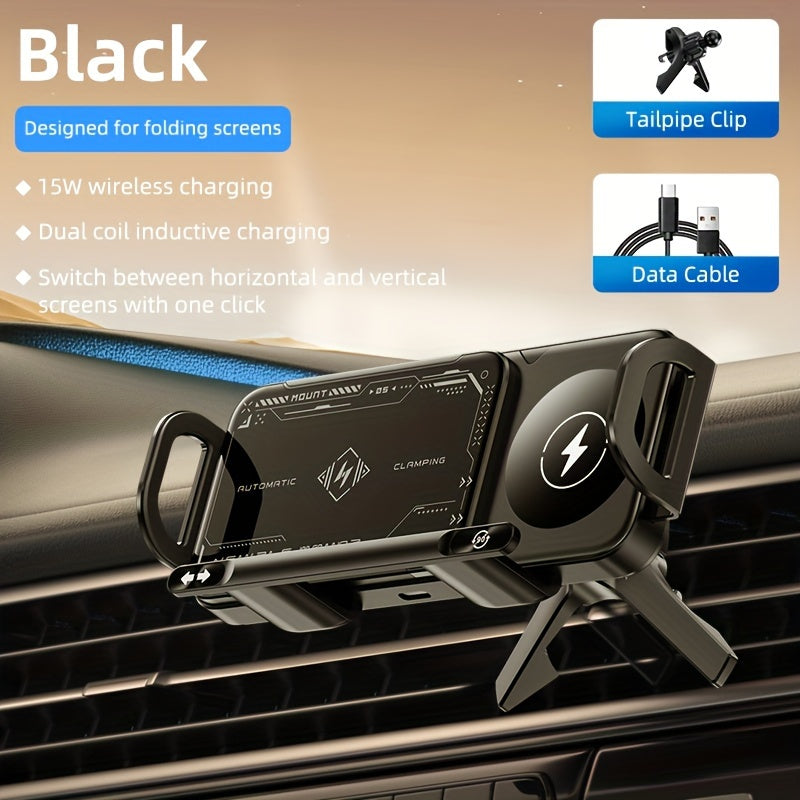 2025 New Car Holder Folding Screen Mobile Phone/tablet Holder 15W Wireless Fast Charging Two-in-one Automatic Rotating Magnetic Mobile Phone Holder Car Air Outlet Holder Suitable for Folding Screen Hands Samsung Galaxy ZFold6